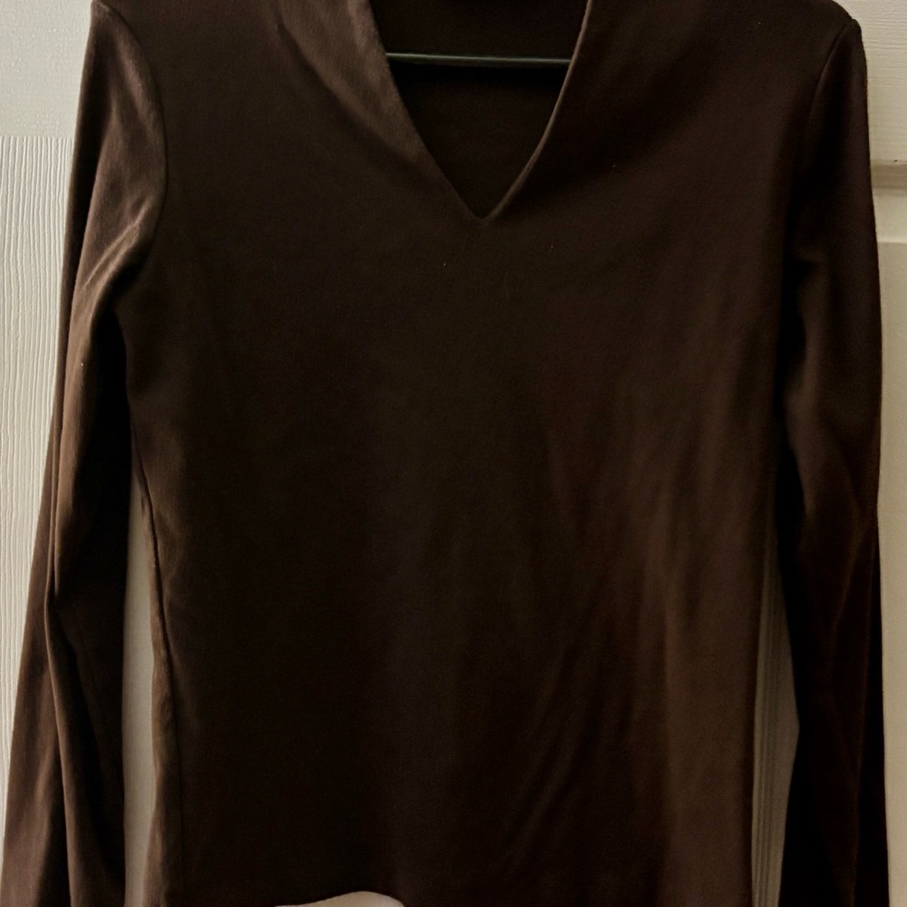 Brown V-Neck Long Sleeve Top